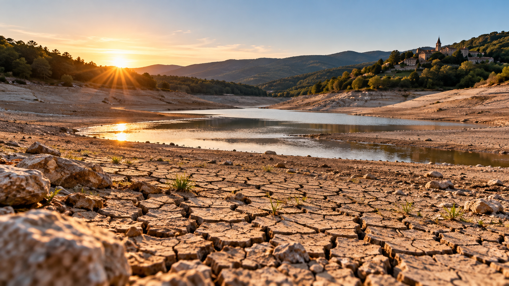 Réservoir fortement asséché, berges découvertes et terre craquelée, illustration des effets de la sécheresse